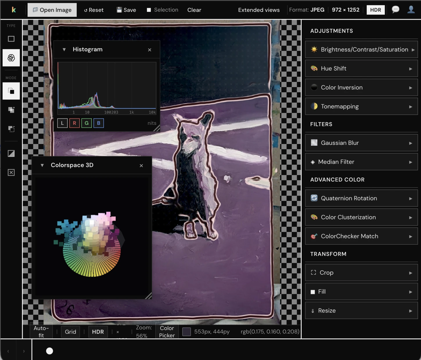 The kolore.app image editor, showing a painting on the canvas with a histogram panel, a 3D colourspace plot and an adjustments column.